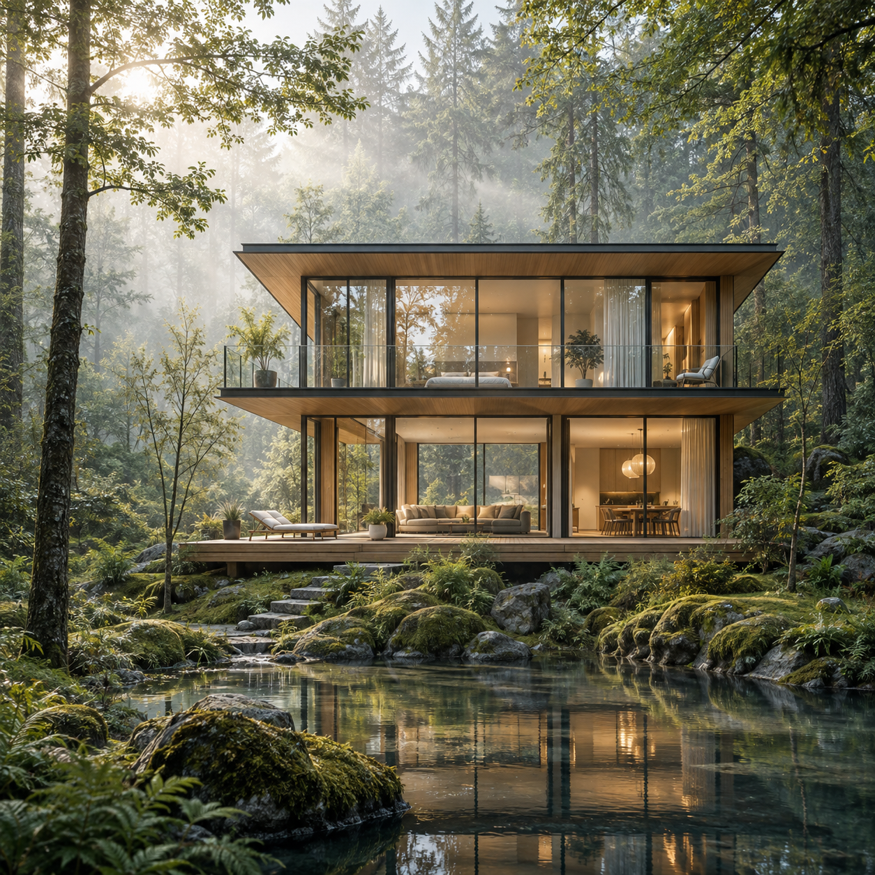 Modern glass dream home in a tranquil forest